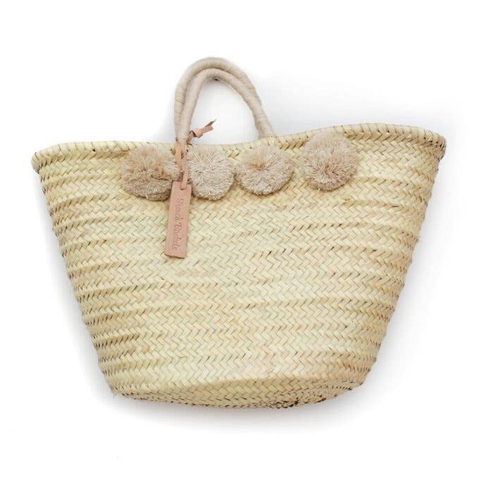 Straw Tote bag Wool 8 Pom Pom Sand French Baskets